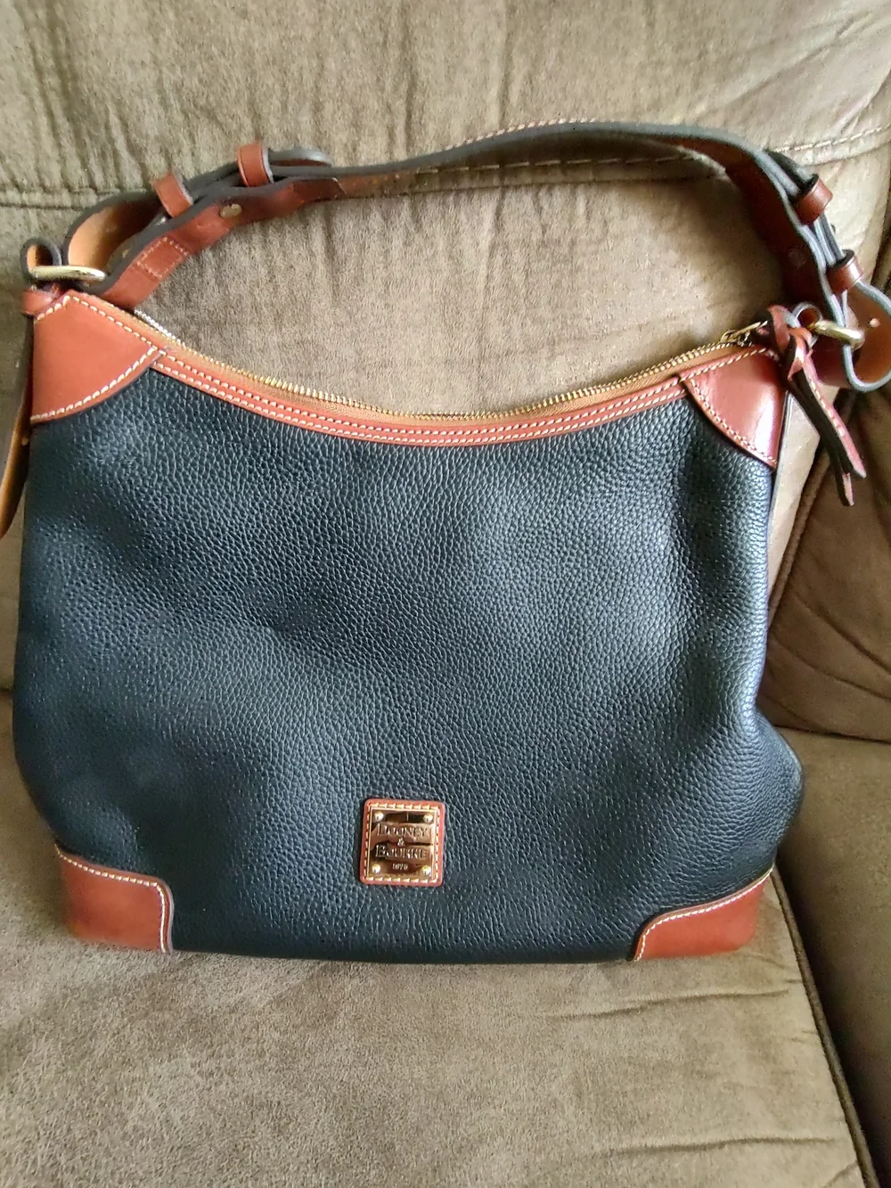 Dooney & Bourke Black Pebbled Leather Shoulder Bag with Brown Trim